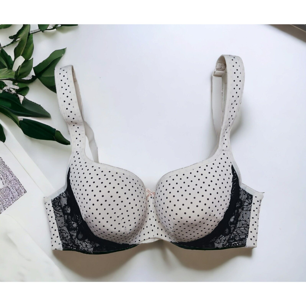 Cacique 38C Balconette Black & White Polka Dot Black Lace Underwire Bra Pink Bow